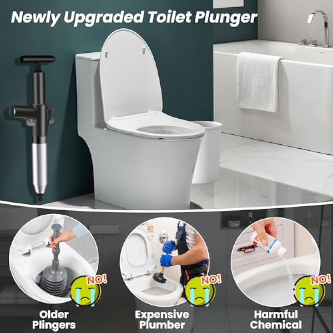 LightingWill High Pressure Toilet Plunger Set, Toilet Unblocker Heavy Duty with A Holder and 4 Replaceable Heads, Toilet Unblocker Tools for Unblocking Toilet Bathtub Shower Floor Drain and Pipe Clog
