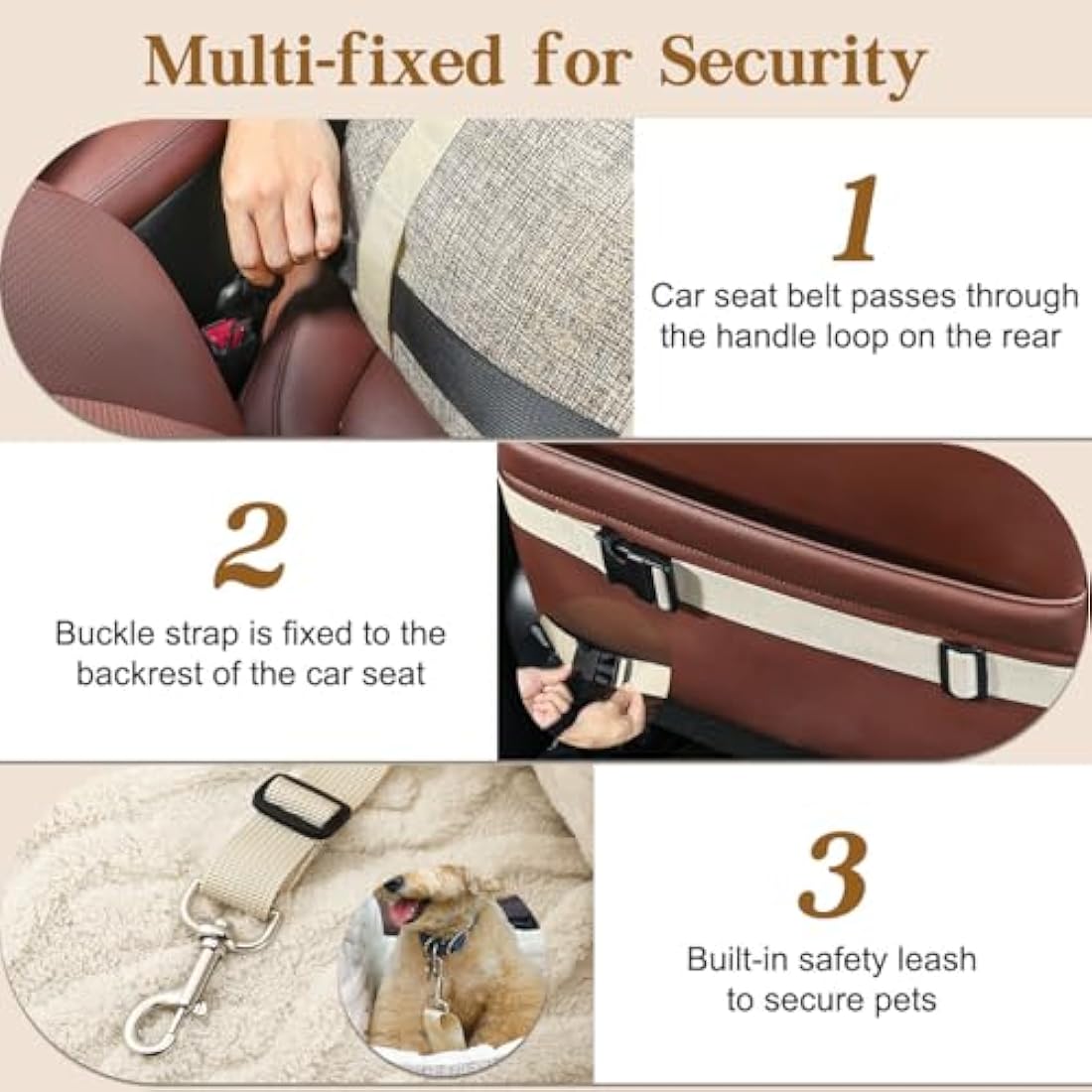 Pawaboo Small Dog Car Seat, Dog Booster Car Seat for Small Dogs, Puppy Seat for Car with Fixed Buckle and Safety Leash, Thickened Dog Bed Car Seat, Pet Travel Carrier Bed Up to 25lbs (Brown+Beige)