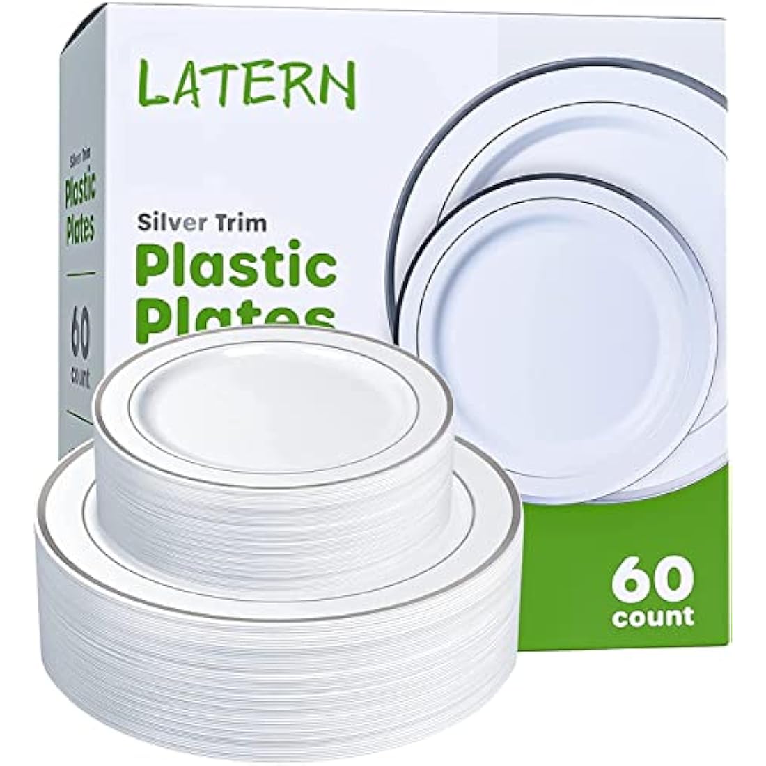 LATERN 60Pcs Multi-Use Silver Plastic Dinnerware Set, 30Pcs 26cm Dinner Plates + 30Pcs 19cm Salad Plates, Reusable Plastic Plates for Wedding Anniversary Garden Dessert Party