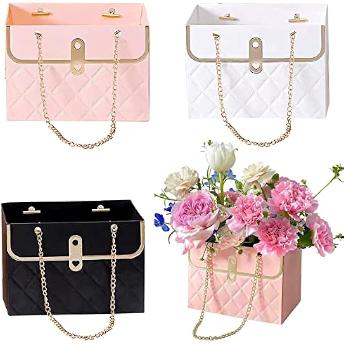 4PCS Flower Paper Box ‎CTDMJ Paper Flower Gift Bags Box Metal Chain Floral Arrangements Bouquets Bag Florist Bag Bouquet Storage Bucket Wedding Party Gift Wrap Bag (3 Colors), black white pink