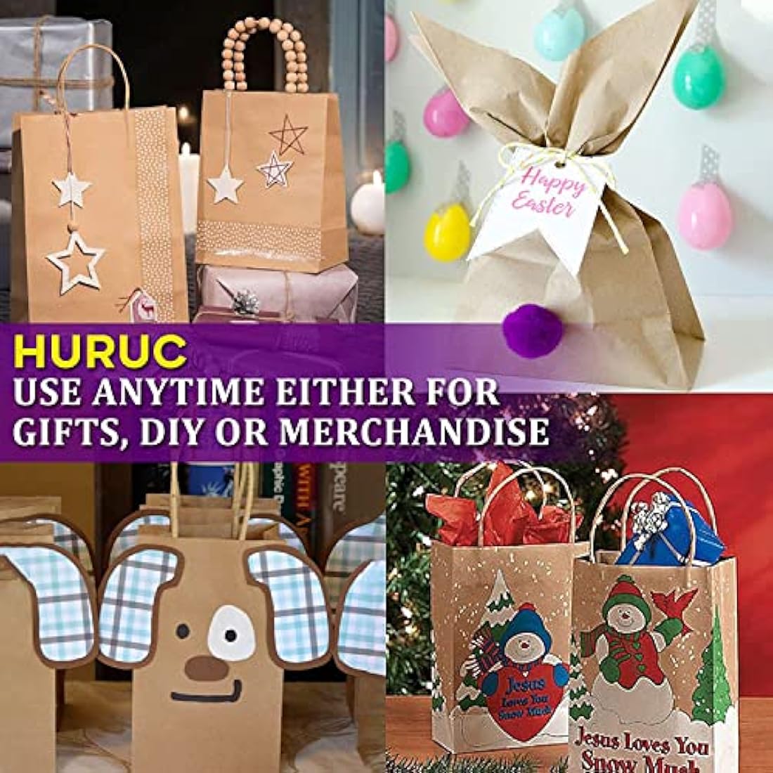 HURUC 50 Pcs Brown Paper Bags With Handles,130GSM, Small Paper Gift Bags, Eco-Friendly Kraft Shopping, Christmas, Easter, Birthday Parties & Merchandise Retail 18x24x8cm