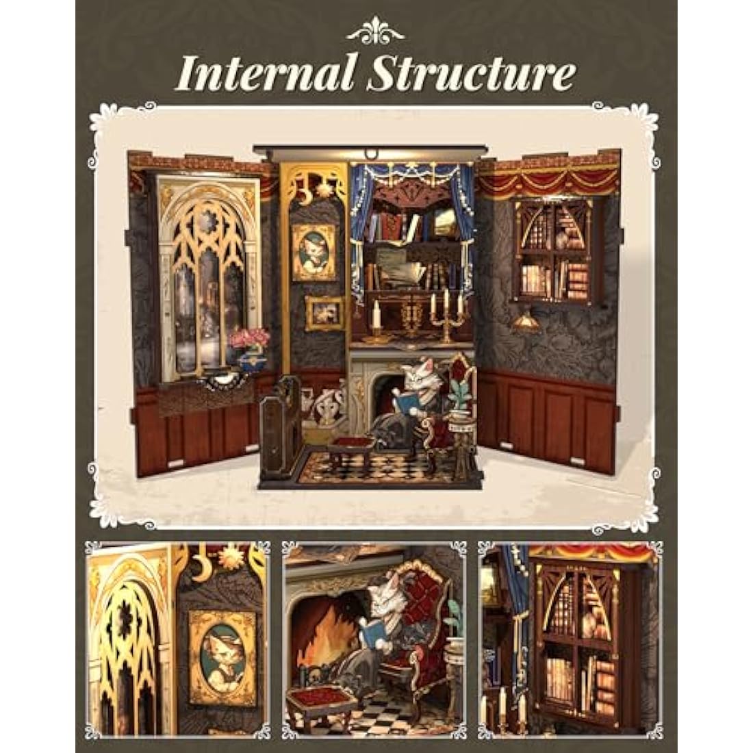 CUTEBEE Book Nook Kit-DIY Miniature House Kit for Adults,Dollhouse Bookshelf Decor 3D Wooden Puzzle Bookend Craft Model Kits for Adults to Build Gift(Count Cat's Study)