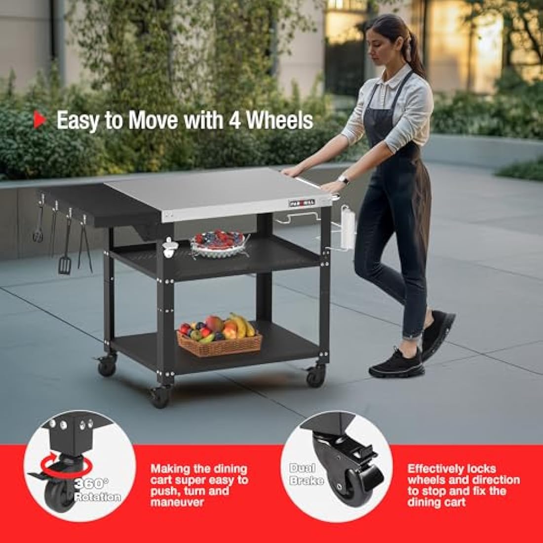 PARGRILL Outdoor Grill Dining Cart, 3-Tier BBQ Table, Movable Food Prep Table with Foldable Tabletop, Stainless Steel Pizza Oven Table with 4 Swivel Wheels, Multifunctional Grilling Table