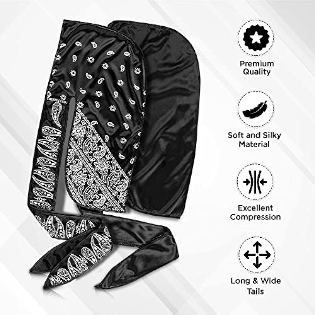 Roman-T 8-in-1 360 Wave Brush Kit - Grooming Kit for 360 Waves - 3 Wave Brushes, Soft, Medium & Hard - 2 Silky Satin Durag - Black & Black Paisley, Hand Mirror, Comb, Hair Brush Cleaner - Gift Set