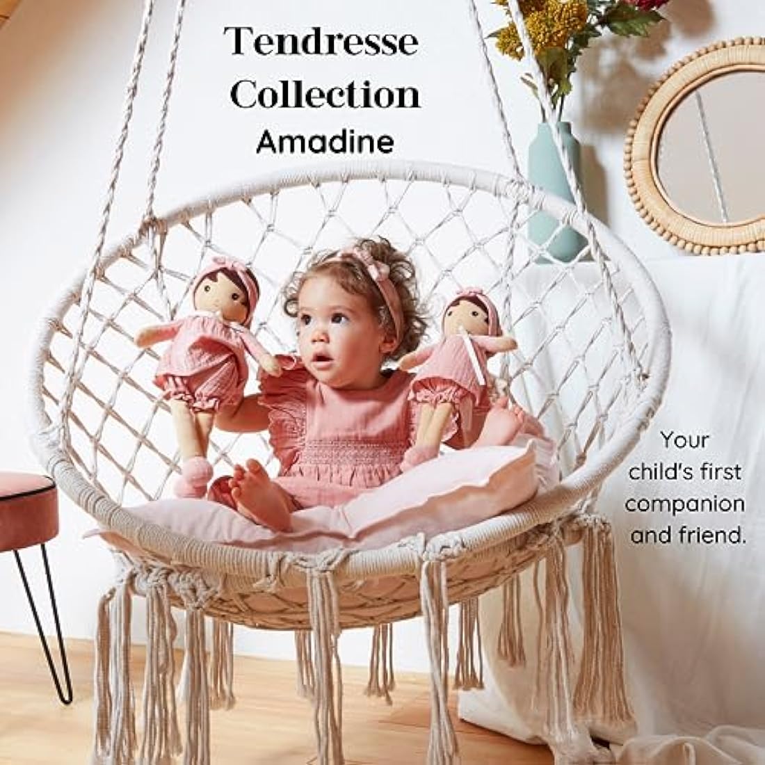 Kaloo - Tendresse - Amandine - My 1st Soft Doll - 32 cm Fabric - Pink Muslin Dress - Olive Skin - Pretty Gift Box and Customisable Ribbon - 0 Months +, K200005, LARGE