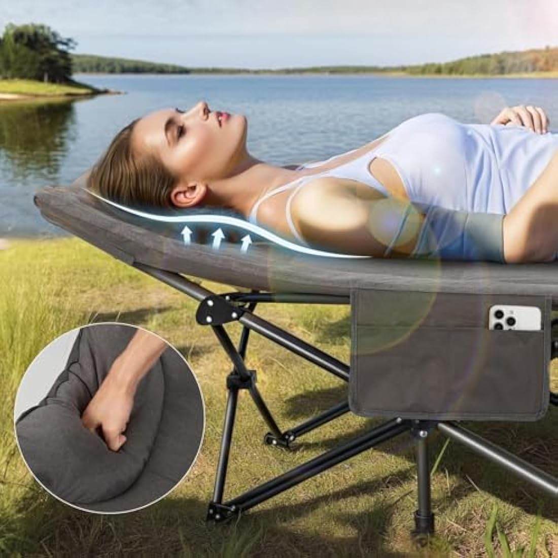 OVERMONT 28" Extra Wide Padded Folding Camping Beds for Adults - Comfortable Portable with Cushion and Pillow - Folding Cot with Carry Bag Supports 550 lbs for Outdoor Travel Home Office Nap