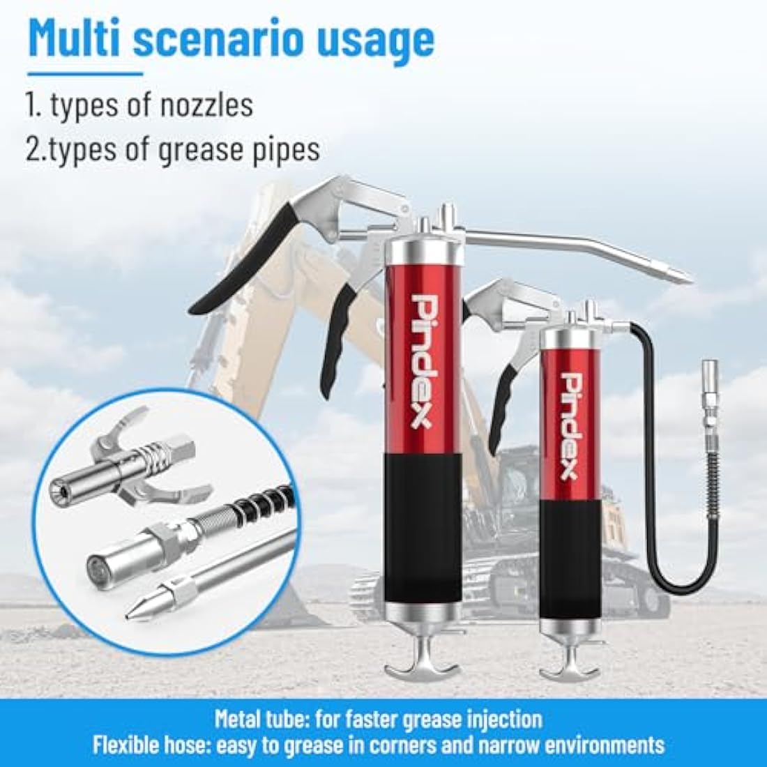 Pindex Heavy Duty Grease Gun Set with G Coupler Quick Release Lock, Manual Pistol Grip Grease Gun Tool with Fittings Ends Nozzle Hose for 400g Cartridge