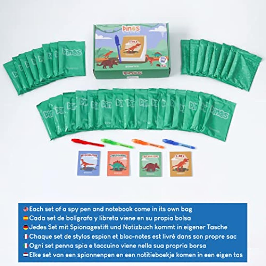 BONNYCO Invisible Ink Pen and Notebook, Pack 32 Dinos Party Bags Filler & Pinata Toys | Dinos Birthday Decorations | Stocking Fillers for Kids Birthday | School Prizes & Gifts for Children