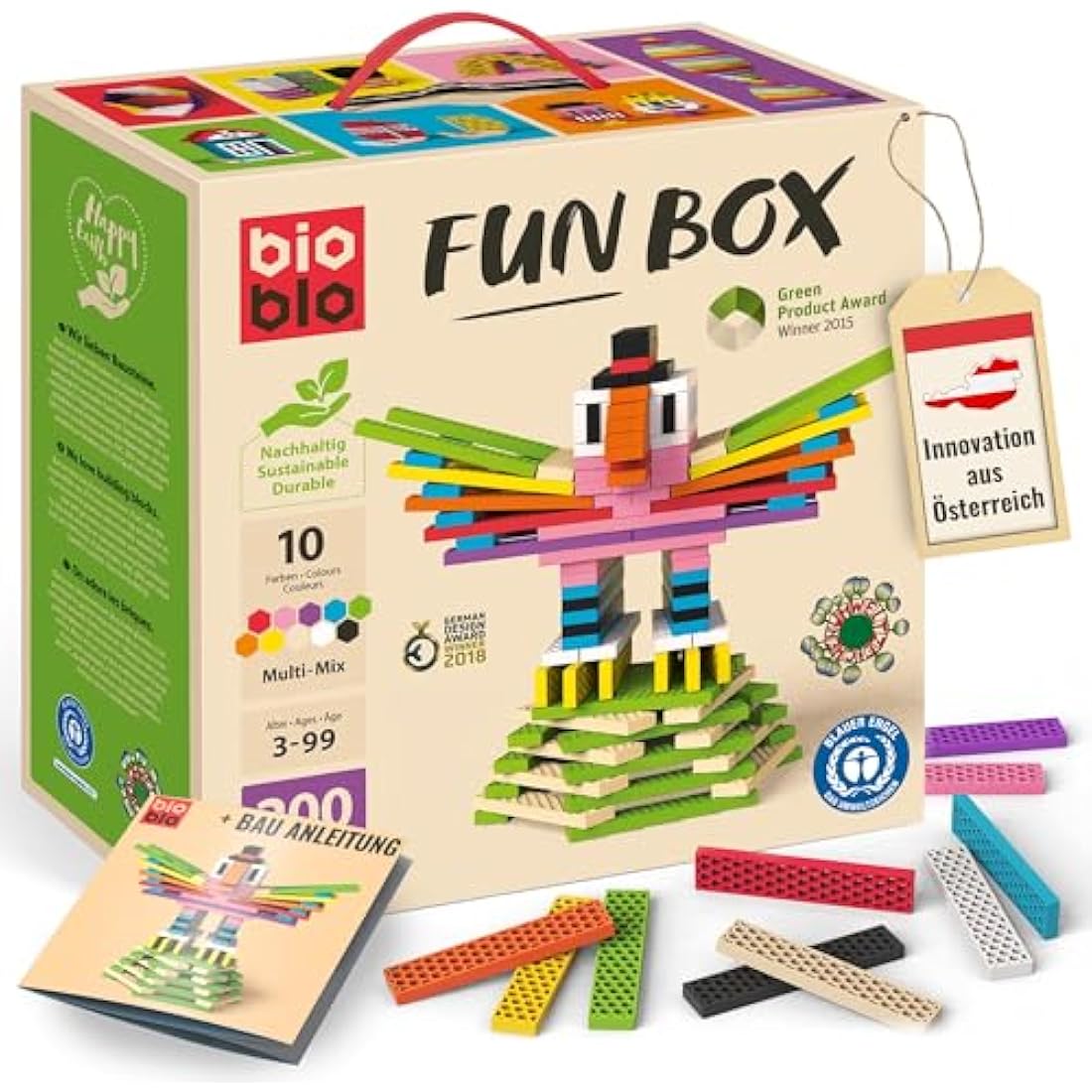 bioblo Sustainable Wooden Blocks Fun Box Multi Mix Pack of 200 | 100% Free from Plasticisers & Washable | No Staining or Chipping Due to Injection Moulding | Educational Toy 3 Years