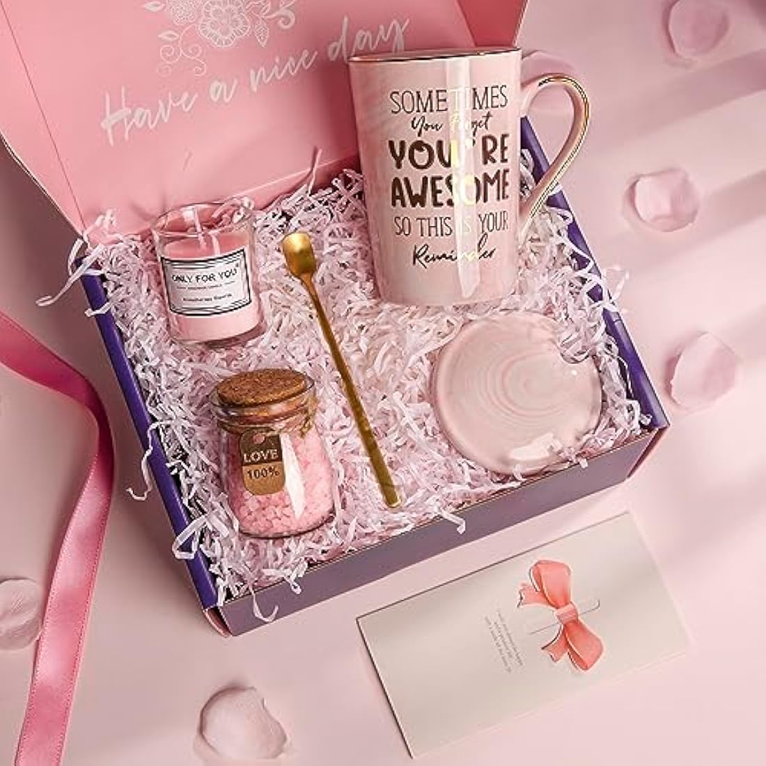 Birthday Gifts for Women Pamper - Inspirational Thank You Gifts for Her, Relaxation Spa Gift Hamper for Ladies, Self Care Bath Set with Scented Candle, 14oz Coffee Mug, Greeting Card, Elegant Gift Box
