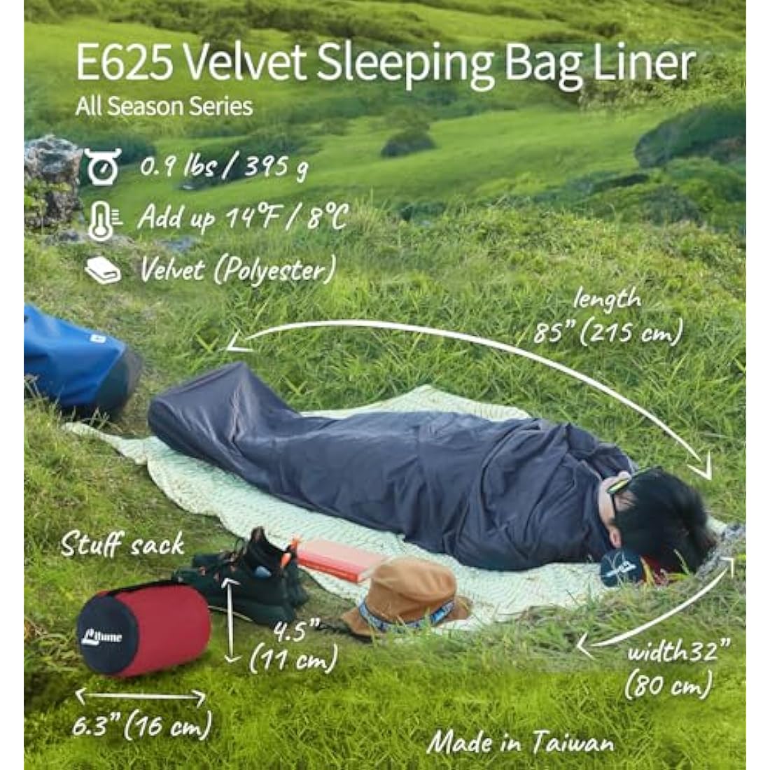 Litume Velvet Sleeping Bag Liner Add Up to 8°C, Anti Static Mummy Style Sleeping Sack Backpacking, Camping, Traveling,Hiking Lightweight Sleep Sack with Drawstring Hood Compact Durable All Seasons