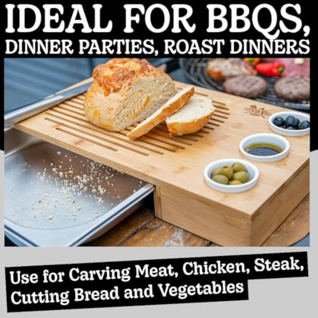 Dan&Co Unique Bamboo Meat Carving Board with Drip Tray and 3 Dipping Pots | 48cm Large Wooden Chopping Board for Kitchen for Preparing, Cutting, Resting, Serving | BBQ Gift