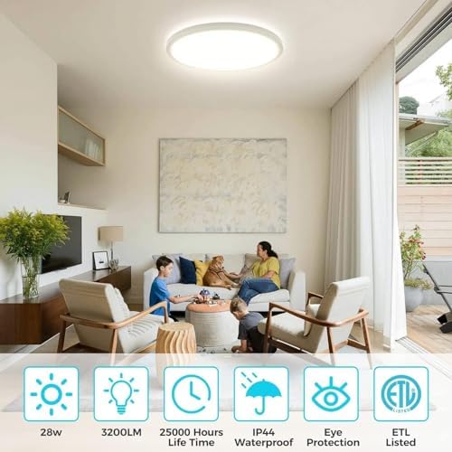 libtit 24W Bathroom Lights Ceiling, 33CM 2400LM Ultra-Slim Kitchen Lights Ceiling,3000K/4500K/6000K Modern Led Flush Mount Ceiling Light Fixture for Bedroom, Office, Hallway,2Pack
