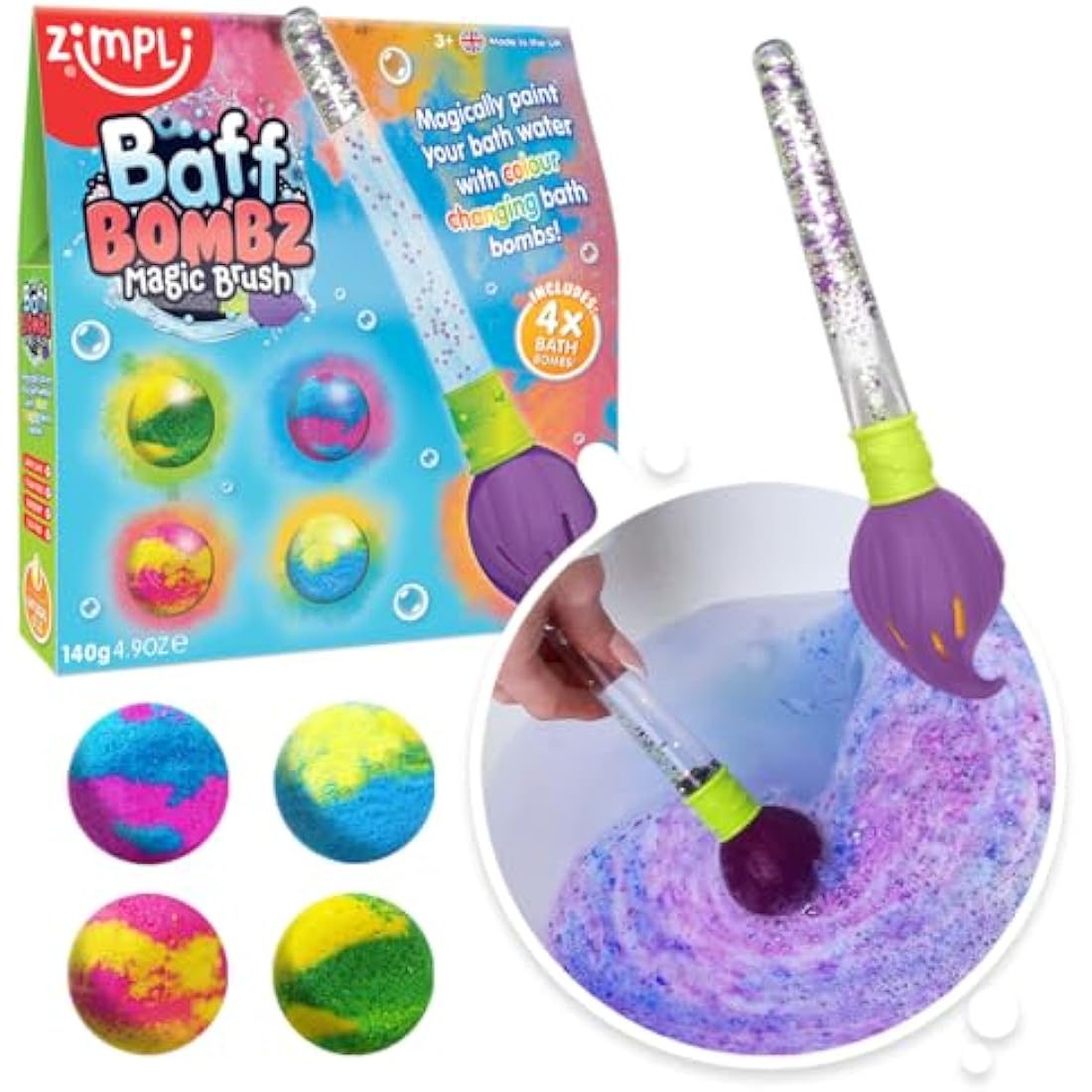 Zimpli Kids - Baff Bombz Magic Brush, 4 x Bath Bombs, Magically Paint your Bath Water, Pocket Money Creative Toy for Children, Birthday Gifts for Boys & Girls , Moisturising Fizzers