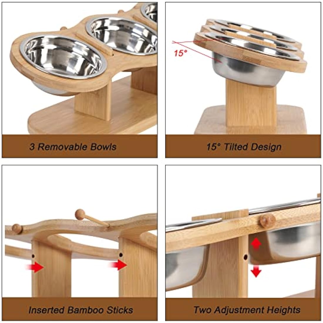 GHIAKQYT Cat Feeding Station, 3 Bowls, Raised Cat Bowl, Set of 3, Height Adjustable, Feeding Bowl with Wooden Stand, Stainless Steel Bowls for Water Food, Feeding Bowl for Cats, Small Dogs