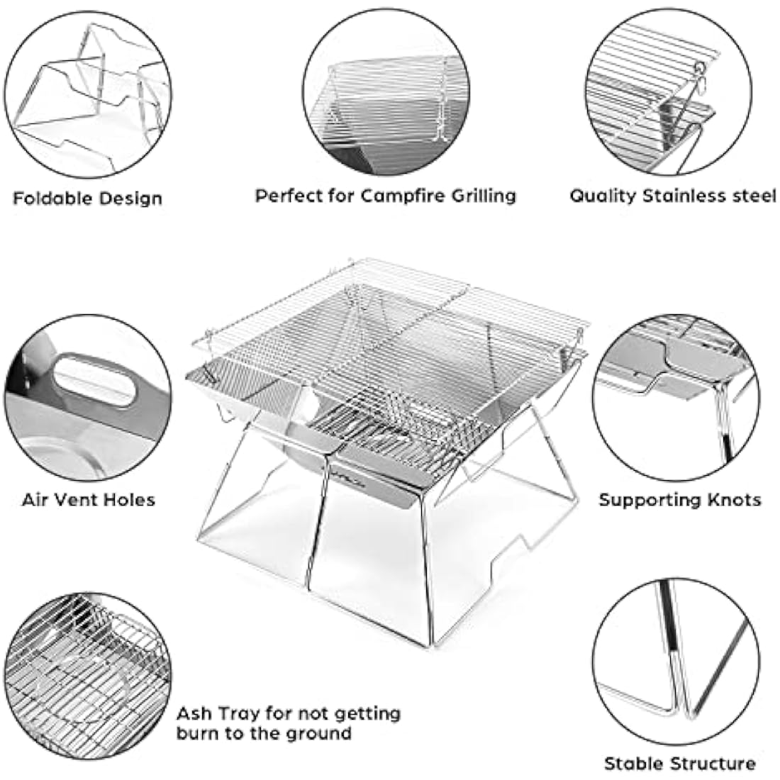 Odoland BBQ Fire Pit Portable Campfire Pit Collapsible Camping Grill Stainless Steel Barbecue for Camping Picnic Terrace Garden w/Carrying Bag L (43 * 43 * 31cm)
