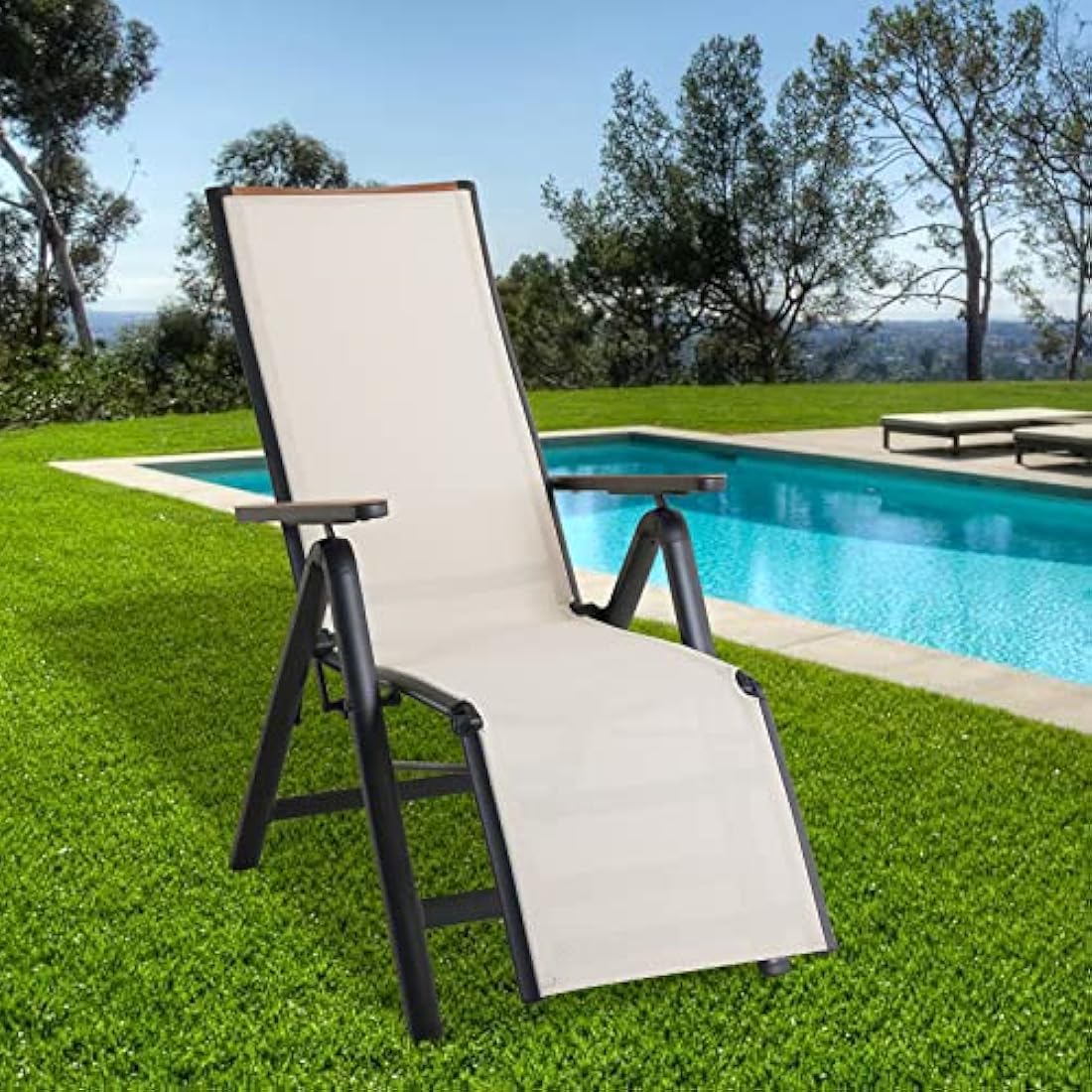 Grand patio Foldable Sun Lounger, Reclining Garden Chair, Aluminium Camping Chairs, Adjustable 6 Position High Backrest, Deck Chair for Garten, Outdoor, Poolside (Beige)