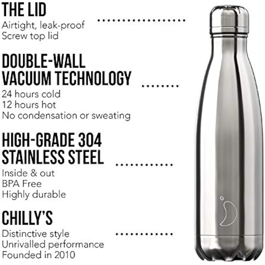 Chilly's Water Bottle - Stainless Steel and Reusable - Leak Proof, Sweat Free - Stainless Steel - V2-1.8L