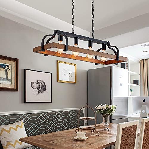 WUZUPS 4-Light Metal Pot Hanging Rack Chandelier Imitation Wood Grain Linear Pendant Ceiling Lighting Rustic Farmhouse Fixture Kitchen Island Dining Room, H25 x L88 x W30, E27 Base, Black
