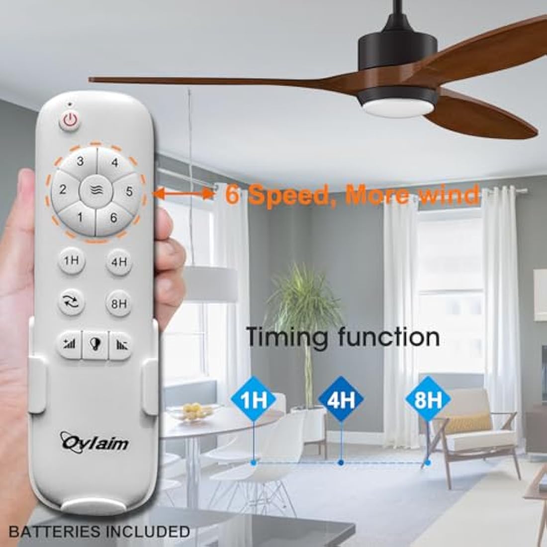Ovlaim 132cm Wood Ceiling Fan with LED Lights and Remote Control, Quiet DC Motor Fans with 3 Wood Blades for Home Bedroom Living Room Patio, IP44 Waterproof