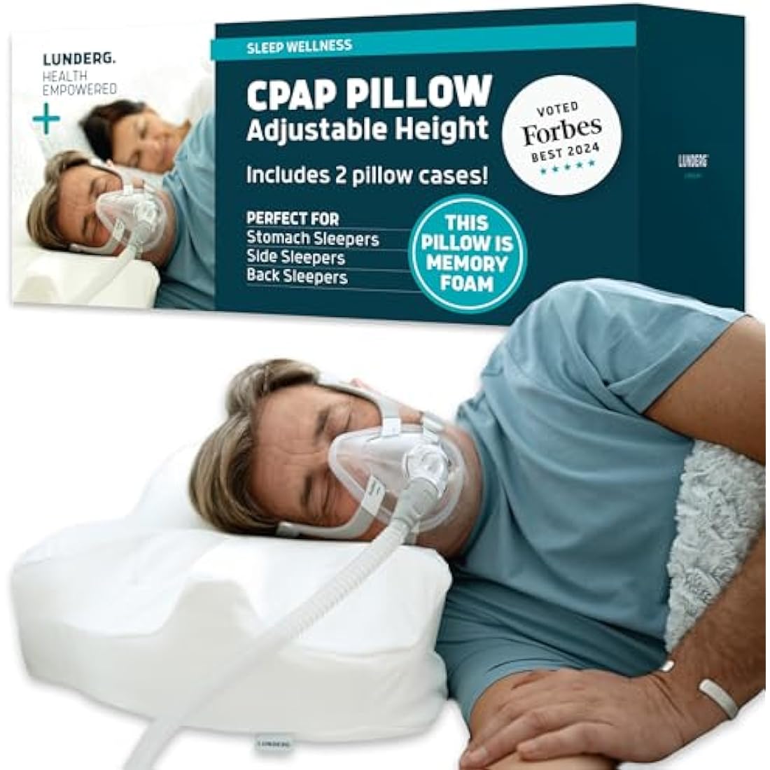 Lunderg CPAP Pillow for Side & Back Sleepers - Medium-Firm Memory Foam with Adjustable Height - 2 Pillowcases Included - Reduce Air Leaks & Mask Pressure for Better Sleep - Compatible with ALL Masks