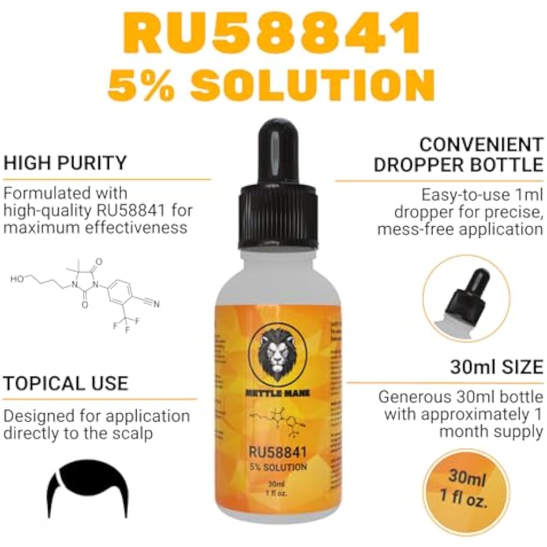 Mettle Mane - RU58841 5% Solution (50mg/ml) - DHT Blocker Hair Serum - 30ml Bottle