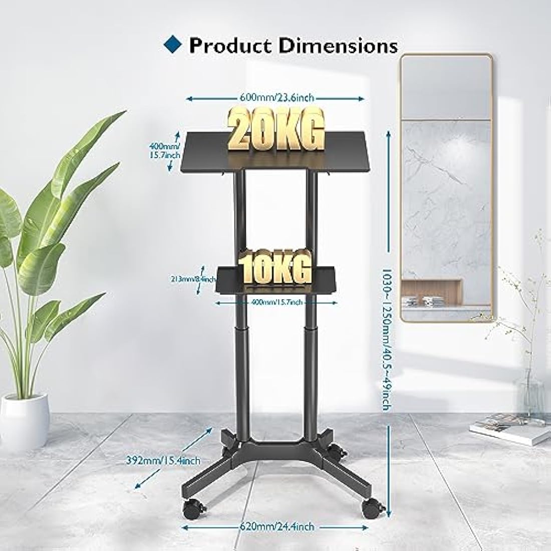 BONTEC Adjustable Mobile Laptop Desk, Rolling Stand-Up Desk with Wheels, 60x40 cm Height Adjustable, Portable Podium, Ergonomic Tilted Top Platform, Mobile Workstation for Home Office