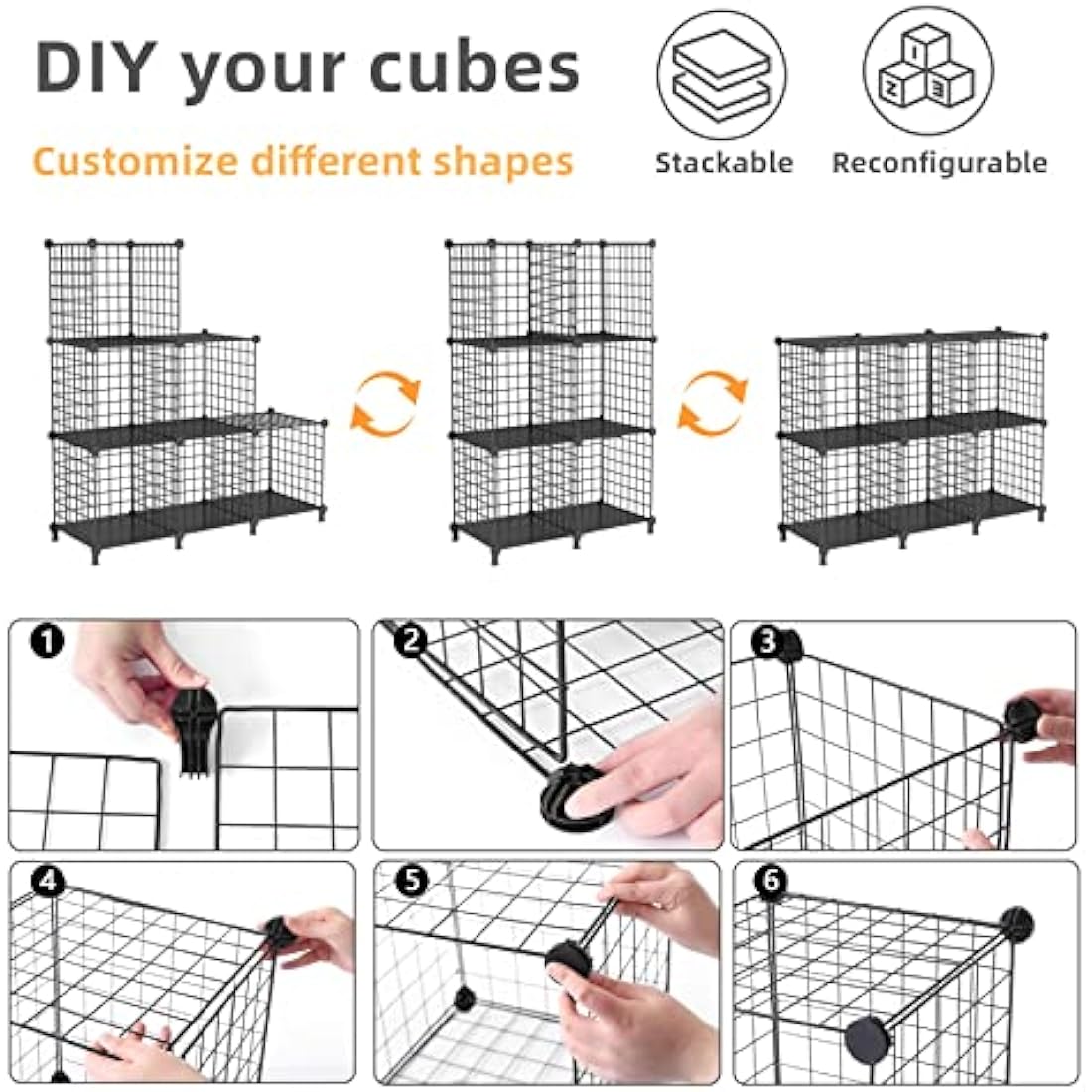 AWTATOS Cube Storage Unit, 6 Cube Wire Storage Shelves, Multifunctional DIY bookcases and Shelving Units Perfect for Office/Livingroom/kitchen/Bathroom, Black USCIH06BE