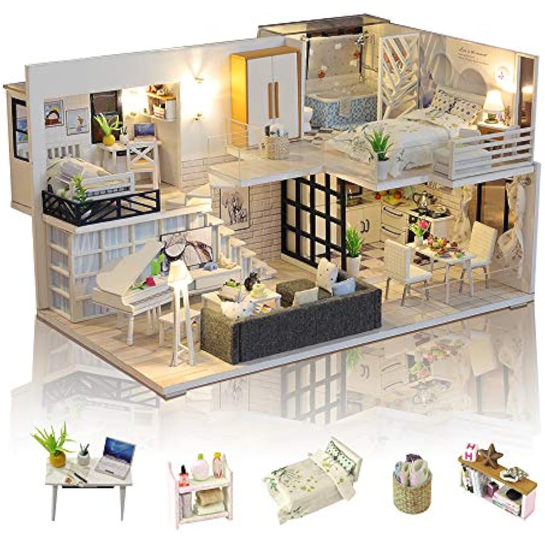 GuDoQi Miniature Dolls House Kit with Music, DIY Miniature House Model Kits to Build, Handmade Crafts for Adults to Make, Room Decoration, Make Your Own Birthday, Father's Day Simple Life