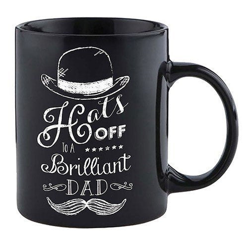"Hats Off to a Brilliant Dad!" Dad Themed Black and White Novelty Sentimental Mug with Presentation Box