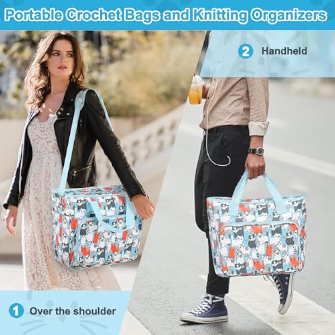 Aeelkie Knitting Bag Large, Crochet Bag Yarn Storage Bag, Craft Bag with Compartments, Portable Knitting Storage Organiser Tote Bag for Carrying Projects, Wool, Knitting & Crochet Tools, Cute Blue Cat