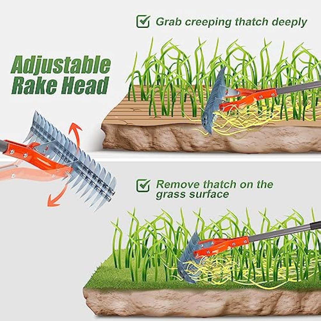 Walensee Thatch Rake, 15-Inch Lawn Thatching Rake, Robust Dethatcher Rake, Efficient Steel Metal Rake with Handle, Versatile Grass Grooming Rake for Cleaning Dead Grass, Yard Garden Durable Soil Rake