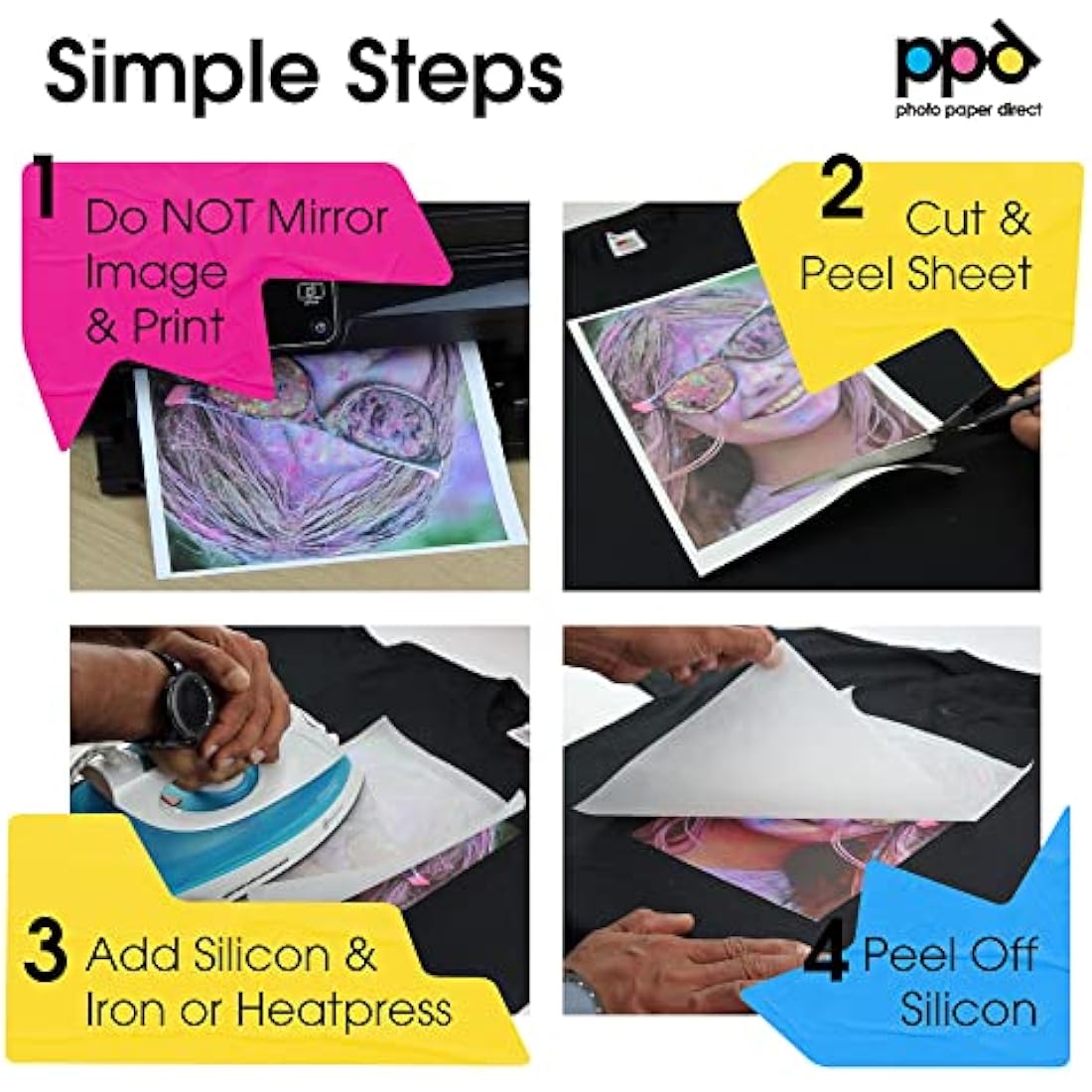 PPD Iron on Transfer Paper for Dark Fabric Compatible with Inkjet Printer, A4, 8.5 x 11 Printable T Shirt Heat Transfer Papers, Custom Print Photo, Durable, Flexible & Machine Washable (50 Sheets)