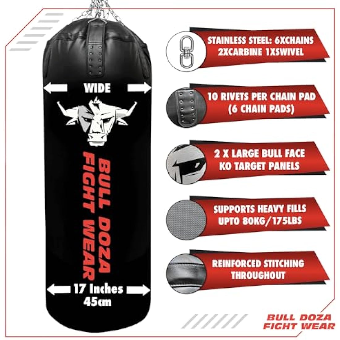 BULLDOZA Heavy-Duty Self-Fill XL Tank Punching Bag – 4ft & 5ft Boxing Bag with Chains, Swivel & Carabiners – Pro-Grade for Boxing, MMA, Kickboxing & Fitness