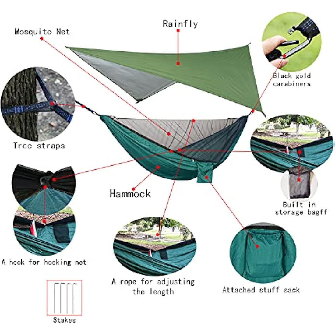 YCD Hammock, Portable Camping Hammock Set, Single/Double, Mosquito Net, Rain Shade Tent, 210T Parachute Nylon, 440 lbs, Dark Green