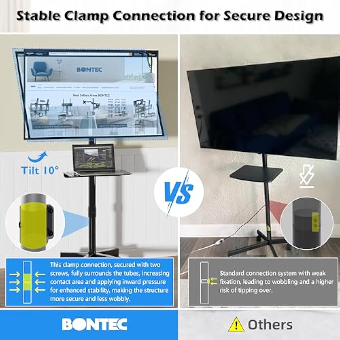 BONTEC Mobile TV Stand on Wheels, Rolling TV Cart with Media Shelf, TV Mount Stand with Tilt, 2-Level Height Adjustable Low-Profile Design for 23–60in LED/LCD/OLED TVs, Holds 25kg, Max VESA 400x400mm