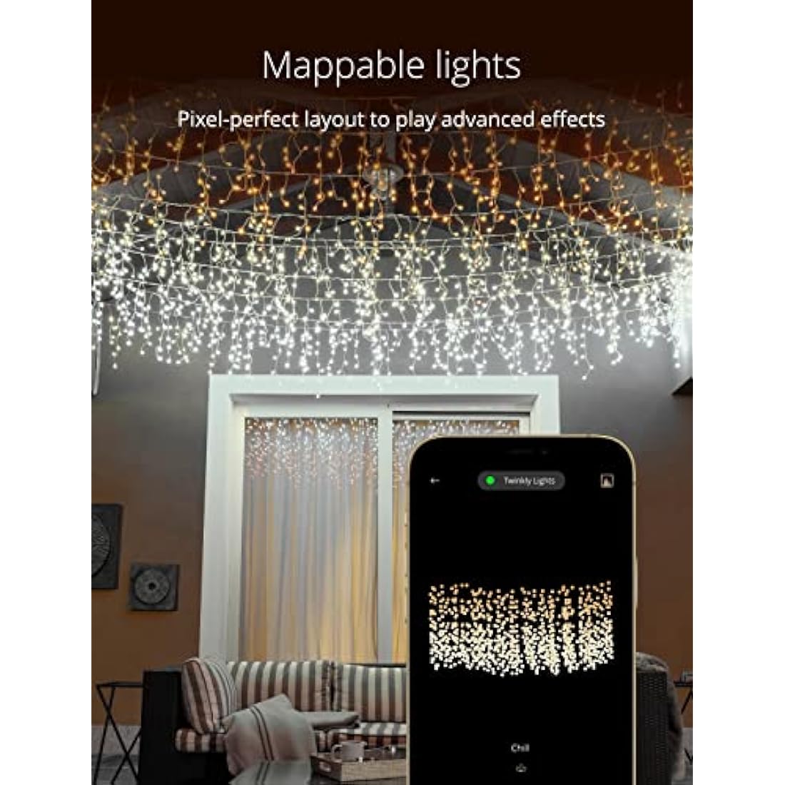 Twinkly Icicle 190 LED White, Outdoor and Indoor LED Cascade Lights, Smart Warm and Cool White LED Lights, Compatible with Alexa, Google Home, IP44, App Control, Transparent Wire, 5.5m