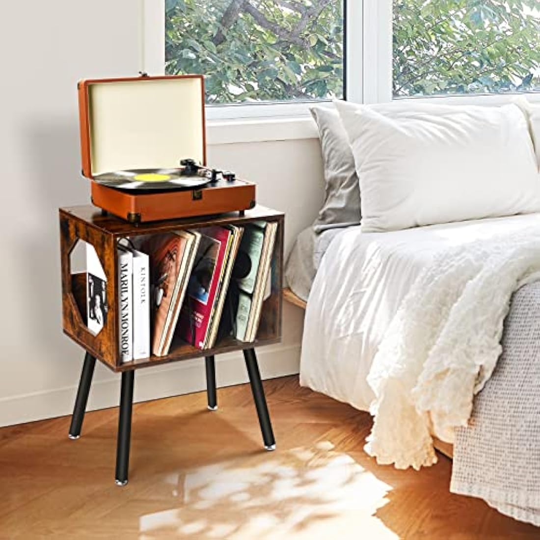 ikkle Rustic Record Player Stand, Record Storage Cabinet Holder with Metal Legs Holds 150 Albums, Turntable Stand Vinyl Record Storage Table for Bedroom Living Room (Brown)