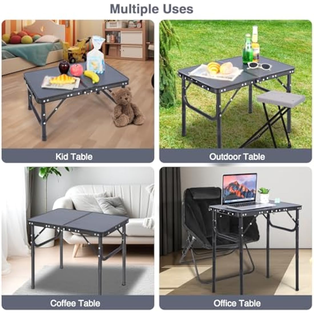 REDCAMP Small Camping Table 2 Foot, Portable Aluminum Folding Table Adjustable Height Lightweight for Picnic Beach Outdoor Indoor, Grey