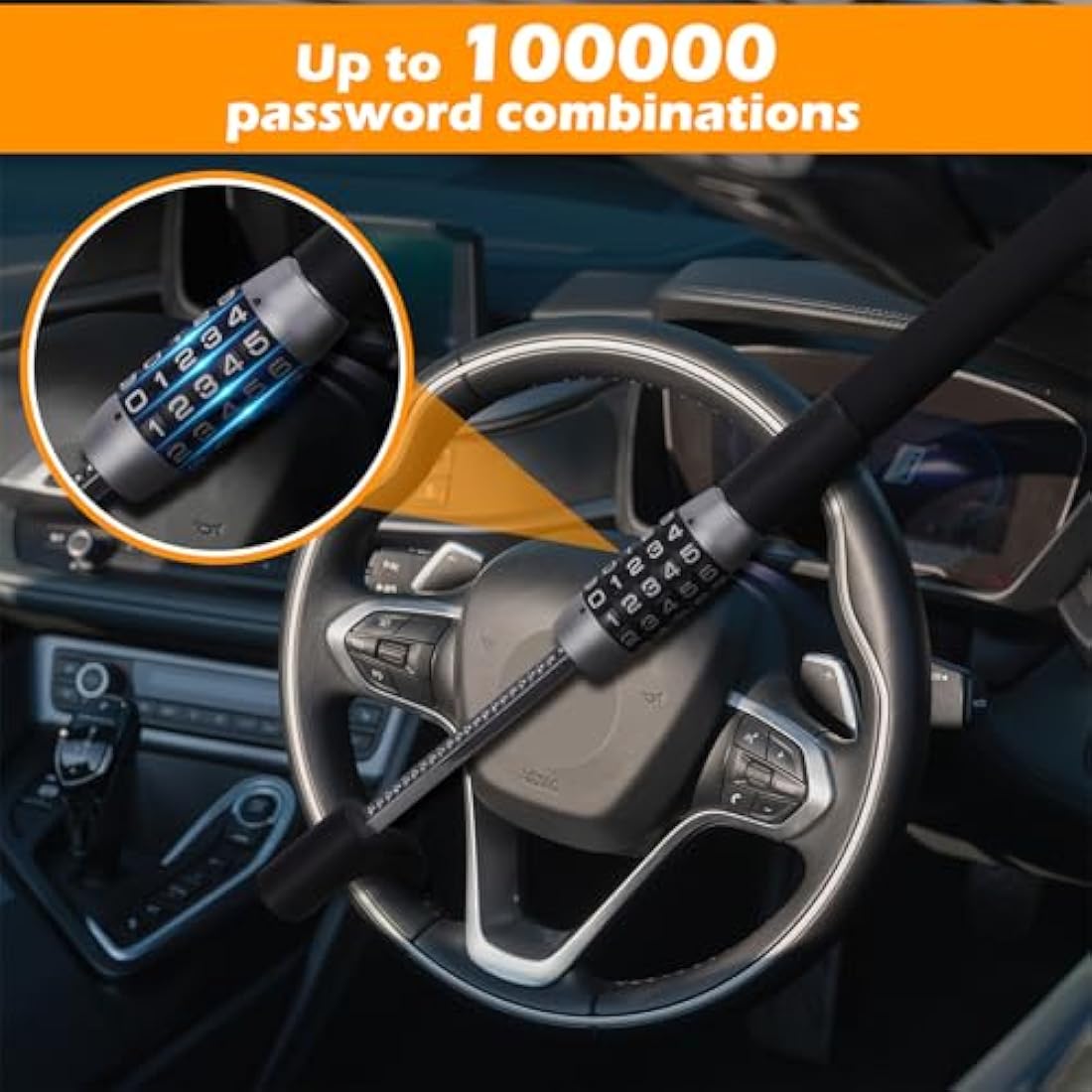 Turnart Steering Wheel Lock 5 Digit Combination Heavy Duty Lock Anti-Theft Keyless Password Vehicle Security Device Universal Fit for Cars Trucks Vans and Suvs
