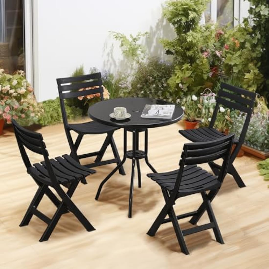 BOOSDEN Folding Plastic Chairs 4 Pack, Foldable Patio Stackable Chairs with Backrest for Outdoor Indoor Camping Picnic Dining Party Wedding Event Black