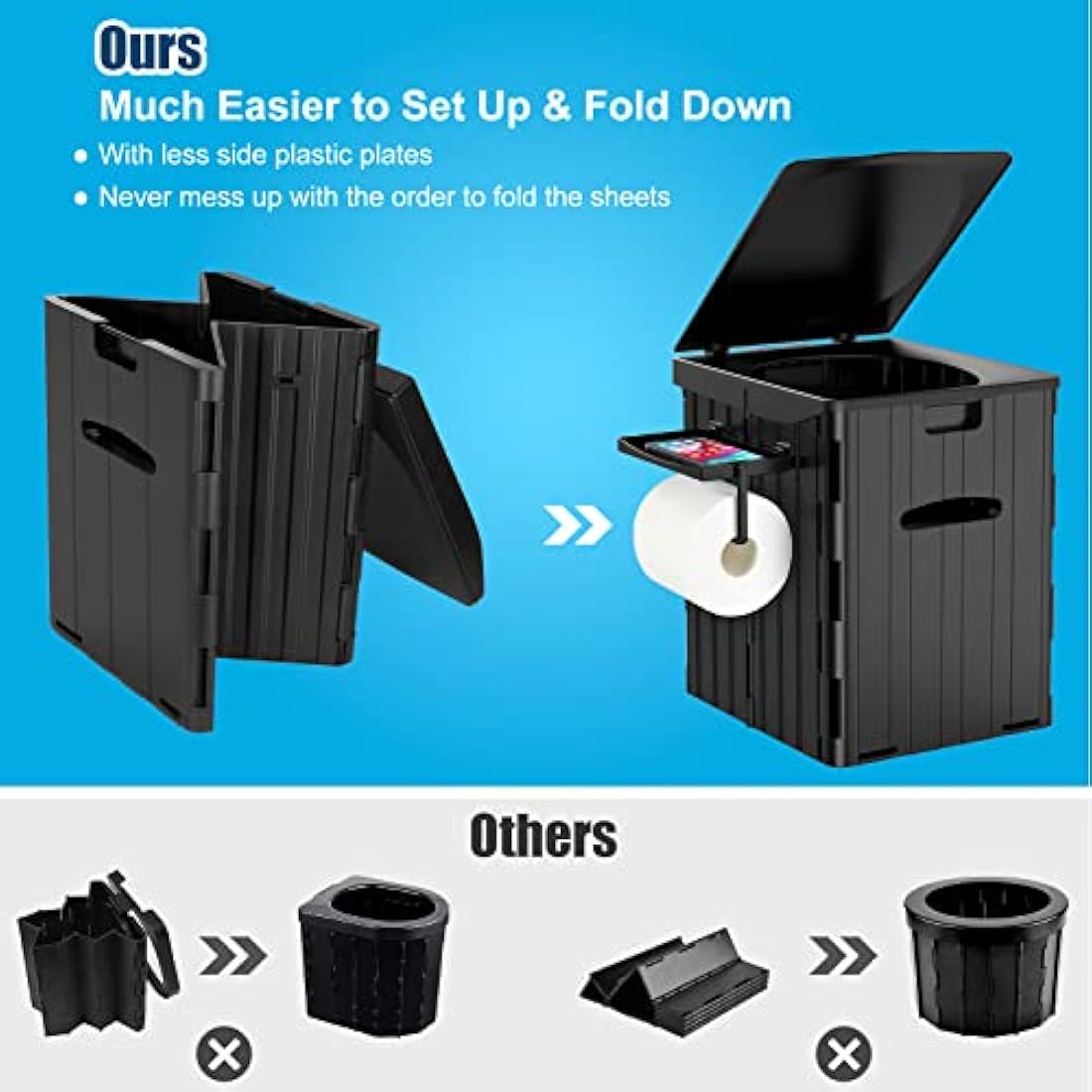 XL Portable Toilet for Adults, Extra Large 15.4" H Foldable Camping with Detachable Phone Shelf and Paper Holder, Waterproof Porta Potty Lid Camping, Hiking, Long Road Trips, Car