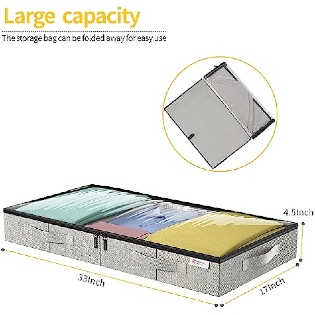 Underbed Storage Bags, Under Bed Storage Box with Reinforced Handle and Lid, Sturdy Sidewalls/Bottom for Clothes, Duvets, Comforters, Blanket, Bedding Thick Fabric with Clear Window, 2Pack
