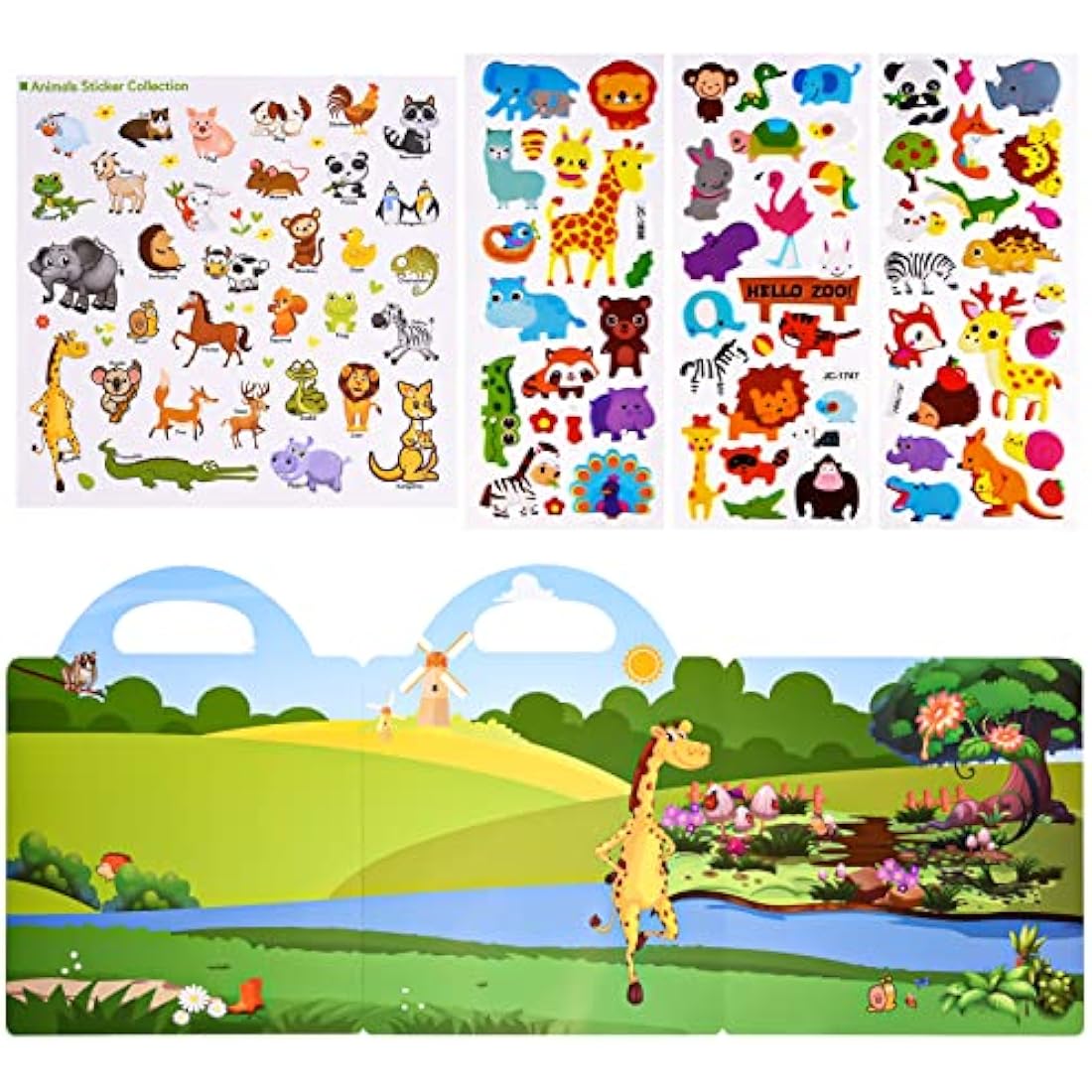 ASTARON 3D Sticker Scenes Book for Kids,88 Pcs Reusable Animals Jelly Stickers for Toddlers, Puffy Sticker Game Educational Sensory Learning Toy, Party Supplies Birthday Gift,4 Fold-Out Choices