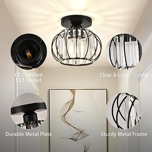 ZYDTRIP Crystals Ceiling Light Fixtures Chandelier, Small Semi Flush Mount Ceiling Light Fitting for Hallway Entrance Kitchen Bedroom Dining Rooms Living Rooms Bar (2 Pack Black)