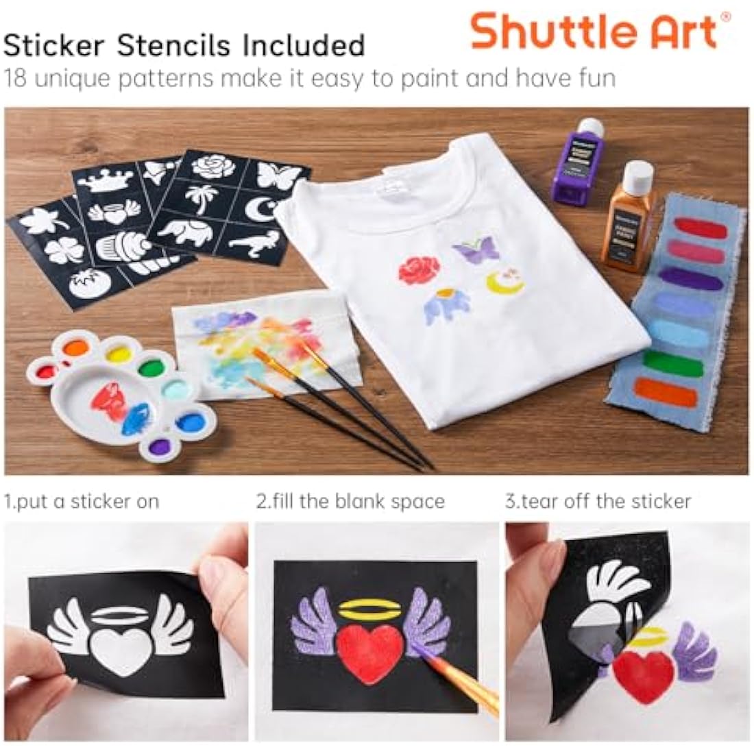 Shuttle Art Fabric Paint Permanent for Clothes, 18 Colours Fabric Paints in Bottles (60ml/2oz) with Brushes, Palette, Stencils, Non-Toxic Textile Paints for T-Shirt, Shoes, Bag, Jeans, No Heating Need