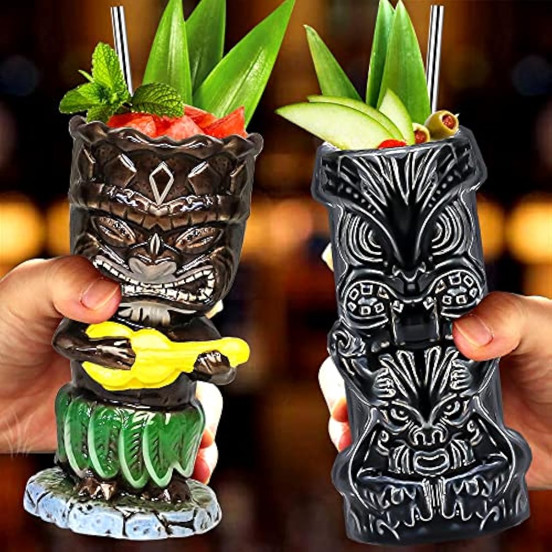 Tiki Mugs Glasses Mug for Cocktails Set of 4 Large Ceramic Tropical Cups Hawaiian Party Creative Cocktail Glass Drinks Bar Drinkware Premium Tropical Exotic Cute Barware 4 Packs