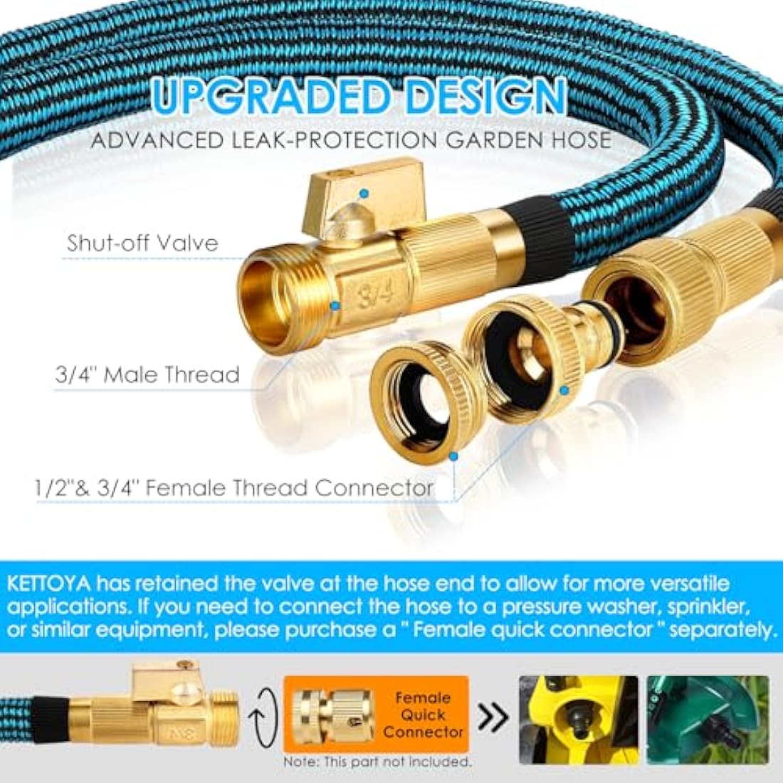 KETTOYA 50FT Expandable Garden Hose, Flexible Water Hose with 10-Pattern Spray Nozzle, Leak-Proof Retractable Heavy Duty Hose Pipe, 4-Layer Latex Core, Durable 3750D, Brass Alloy Connector, Kink-Free