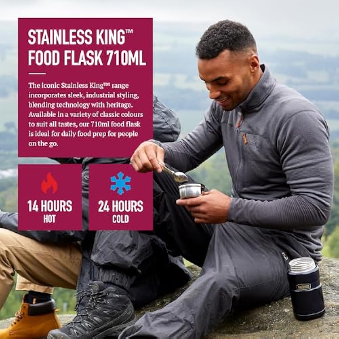 Thermos Stainless King Food Flask, 710ml Capacity - Sleek Multi- Purpose Flask for Daily Food Prep - Durable Stainless Steel with Raspberry Finish - Ideal for On-The-Go Meals & Drinks