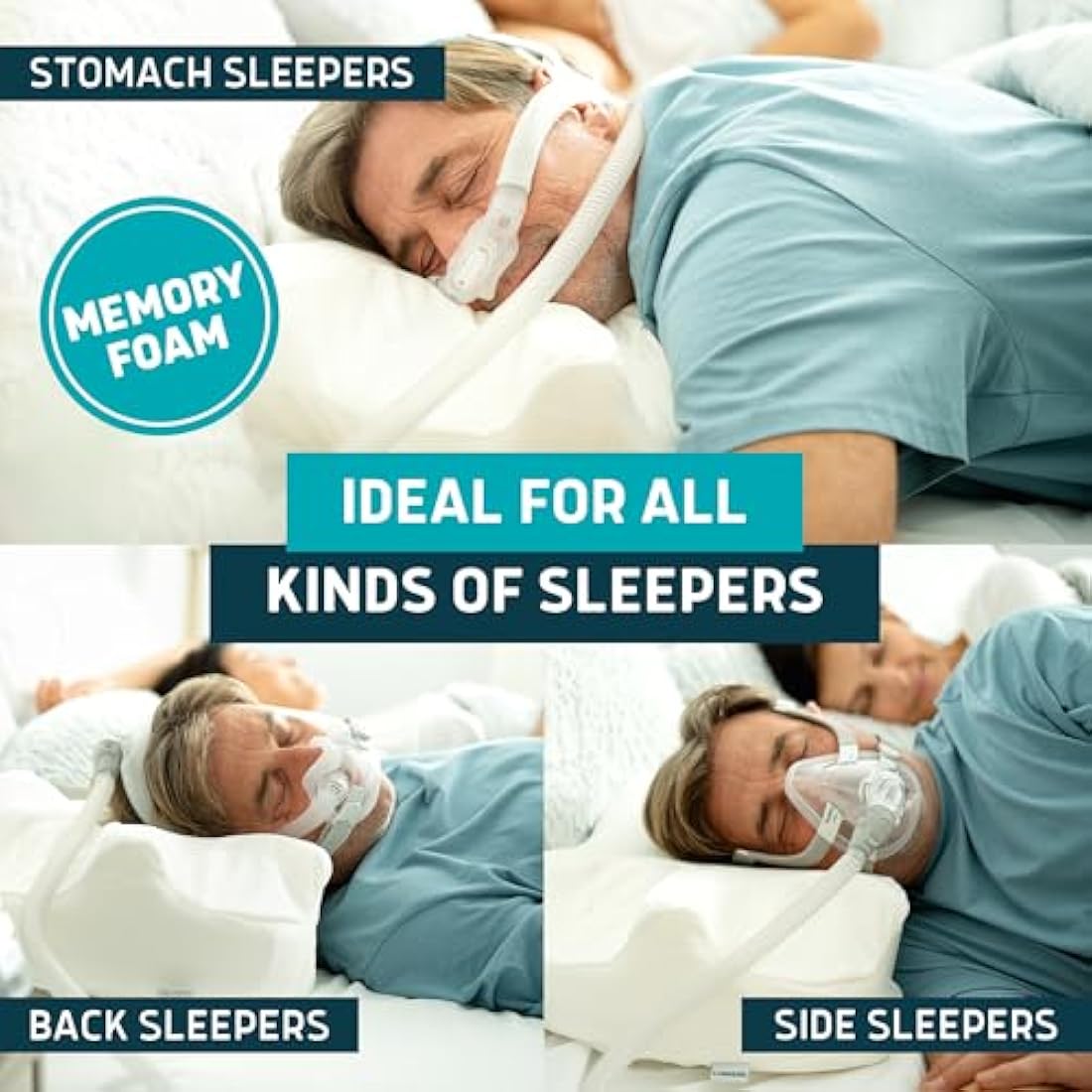 Lunderg CPAP Pillow for Side & Back Sleepers - Medium-Firm Memory Foam with Adjustable Height - 2 Pillowcases Included - Reduce Air Leaks & Mask Pressure for Better Sleep - Compatible with ALL Masks